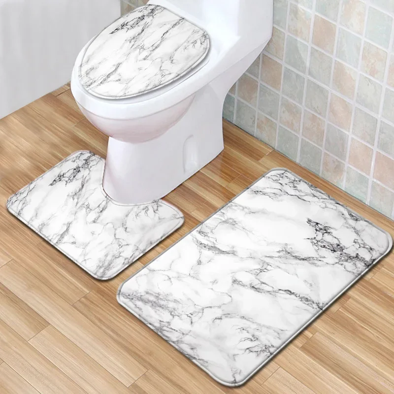 3-piece set Marble Pattern Bath Mats Anti Slip Bathroom Mat Set Washable Toilet Seat Lid Cover Pedestal Rug Set Home Decor