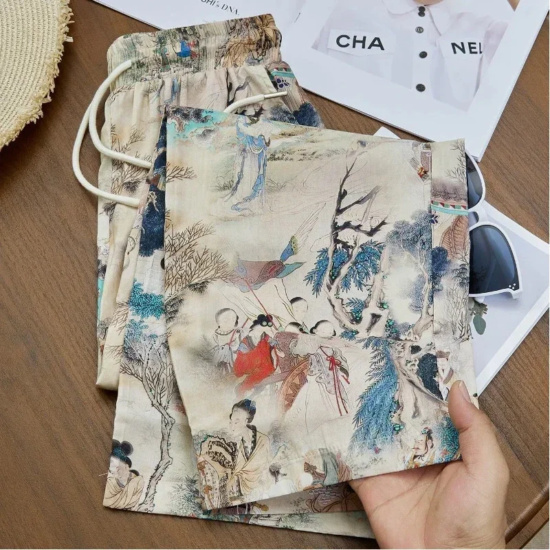 

Chinese Style Summer Women's Elastic Waist Printing Pocket Casual Versatile Loose High Waist Straight Wide Leg Trousers E4909