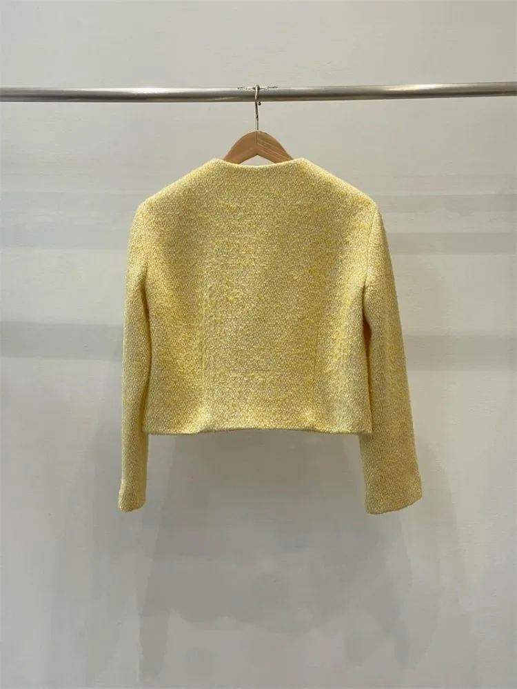 Elegante Damen-Jacke aus gelbem Tweed, O-Ausschnitt, einreihige Taschen, Herbst-Winter-Damenmantel