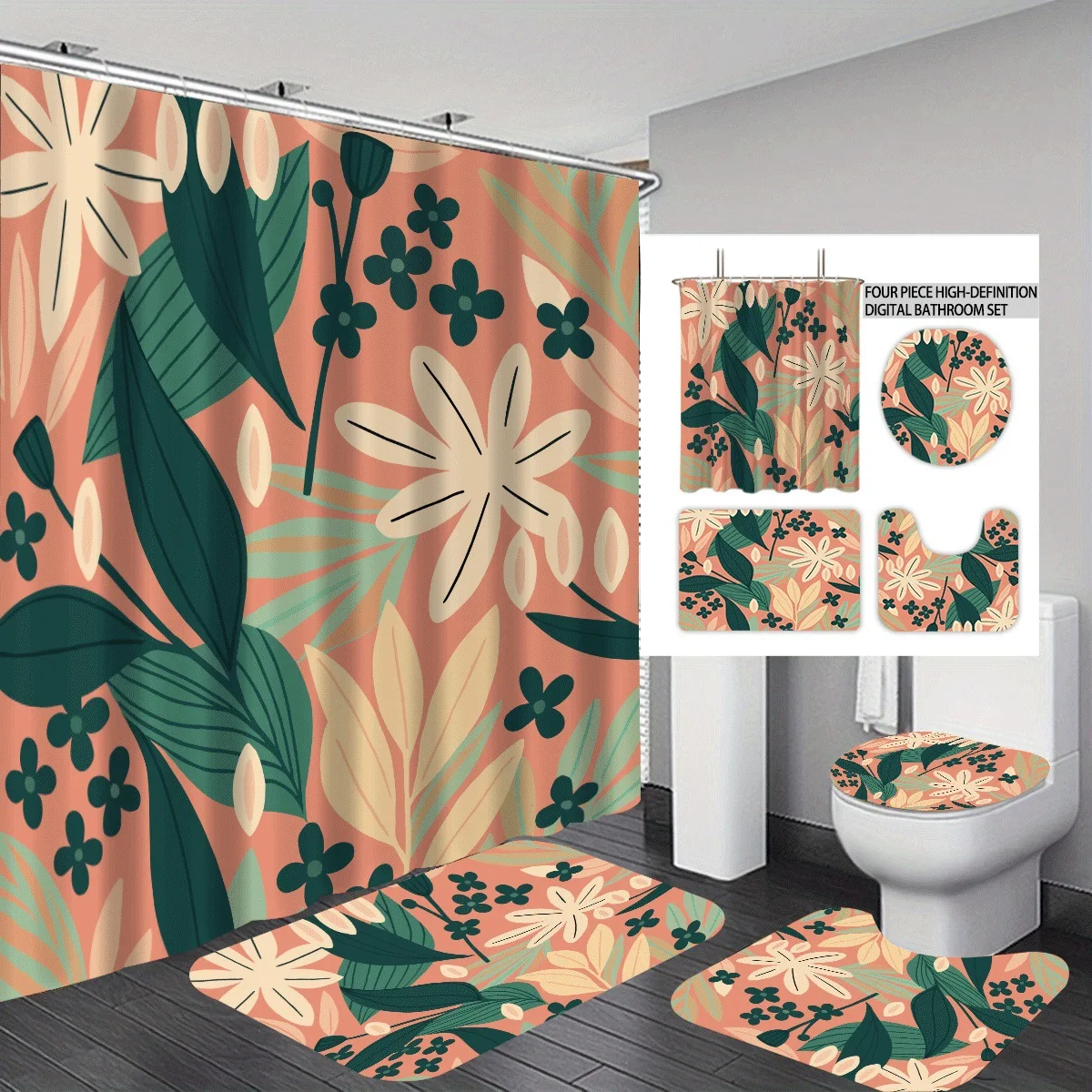 Various Flower Patterns Waterproof Bath Curtain Set,  with 12 Hooks,  Floor Mat Toilet Cover Bathroom Home Decor Various Sizes