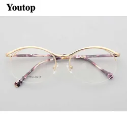 YOUTOP Half-rim Women's Myopia Anti-blue Ray Frame Femal's Round Circle Fashion Eyeglasses Striped Stainless Steel Eyewear 7080