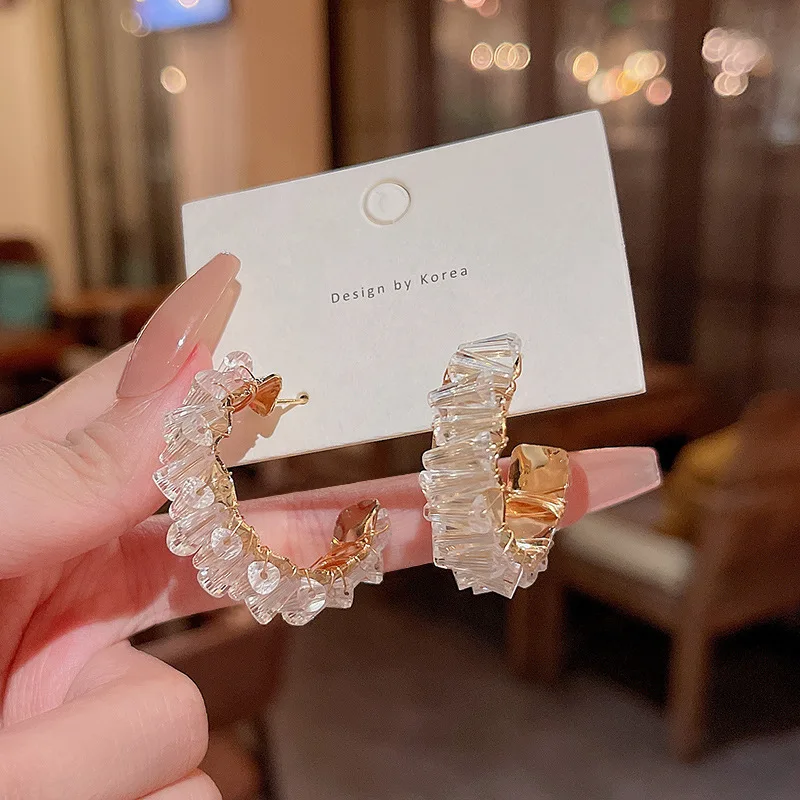 New Fashion Fine Sparkle Zircon C Shape Crystal Drop Earrings For Women Korean Temperament Accessories Wedding Jewelry Gift