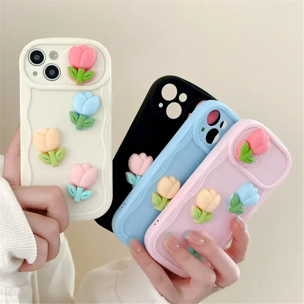 3D Cute Tulip Push Window Slide Camera Protector Phone Case For iPhone 14 Pro 11 12Pro 13 13Pro Max Silicone Back TPU Cover Capa