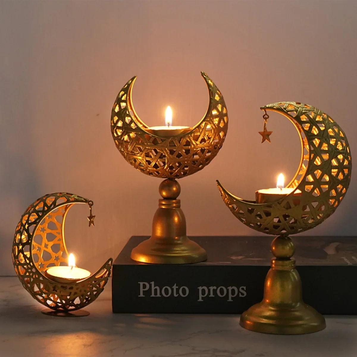 Hollow candle holder Golden moon wrought iron ornament Home living room Hotel decoration