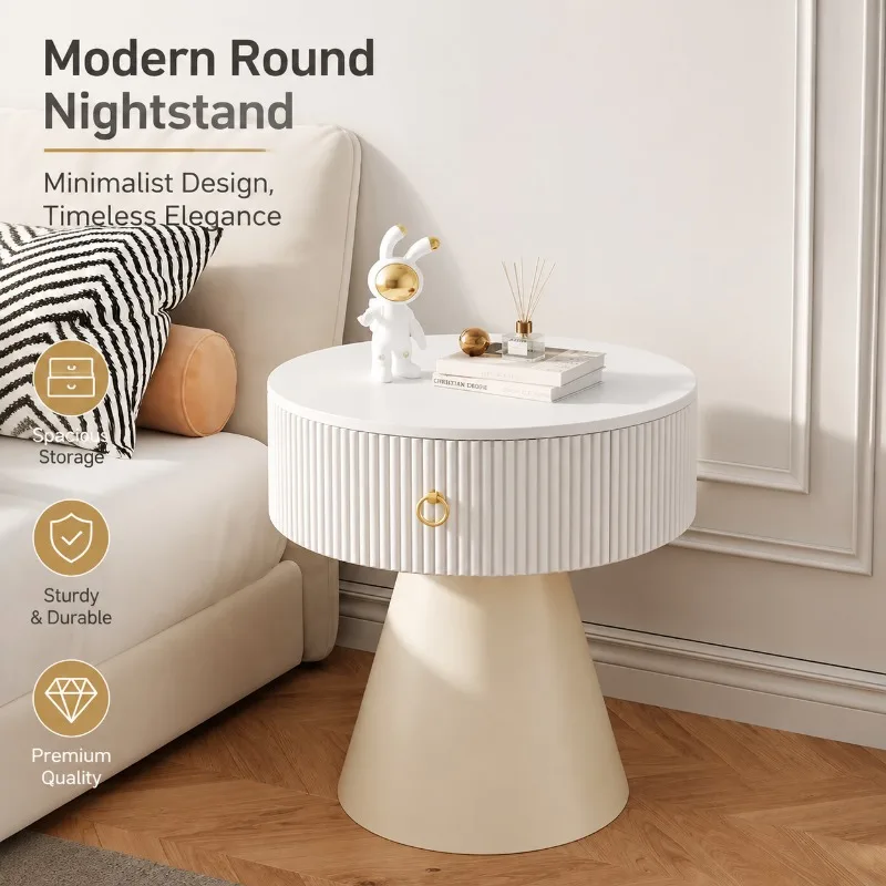 Cream-Colored Modern Slate Side Table with Drawers – Compact Living Room or Bedroom Nightstand