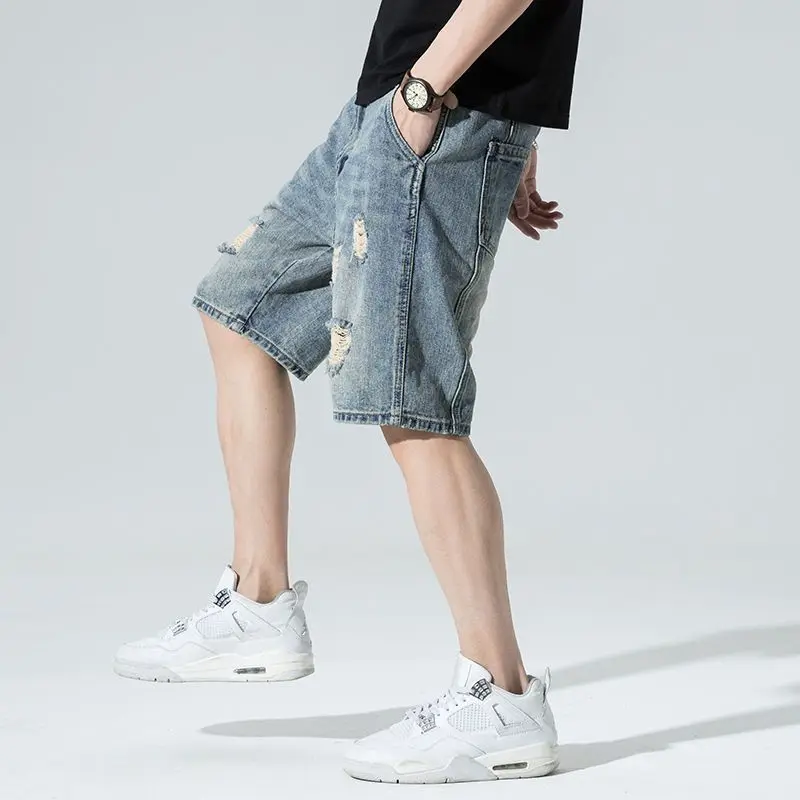 

Men's Ripped Denim Shorts Loose Fit Casual Vintage Distressed American Retro Style Plus Size Mid Length Summer Lightweight