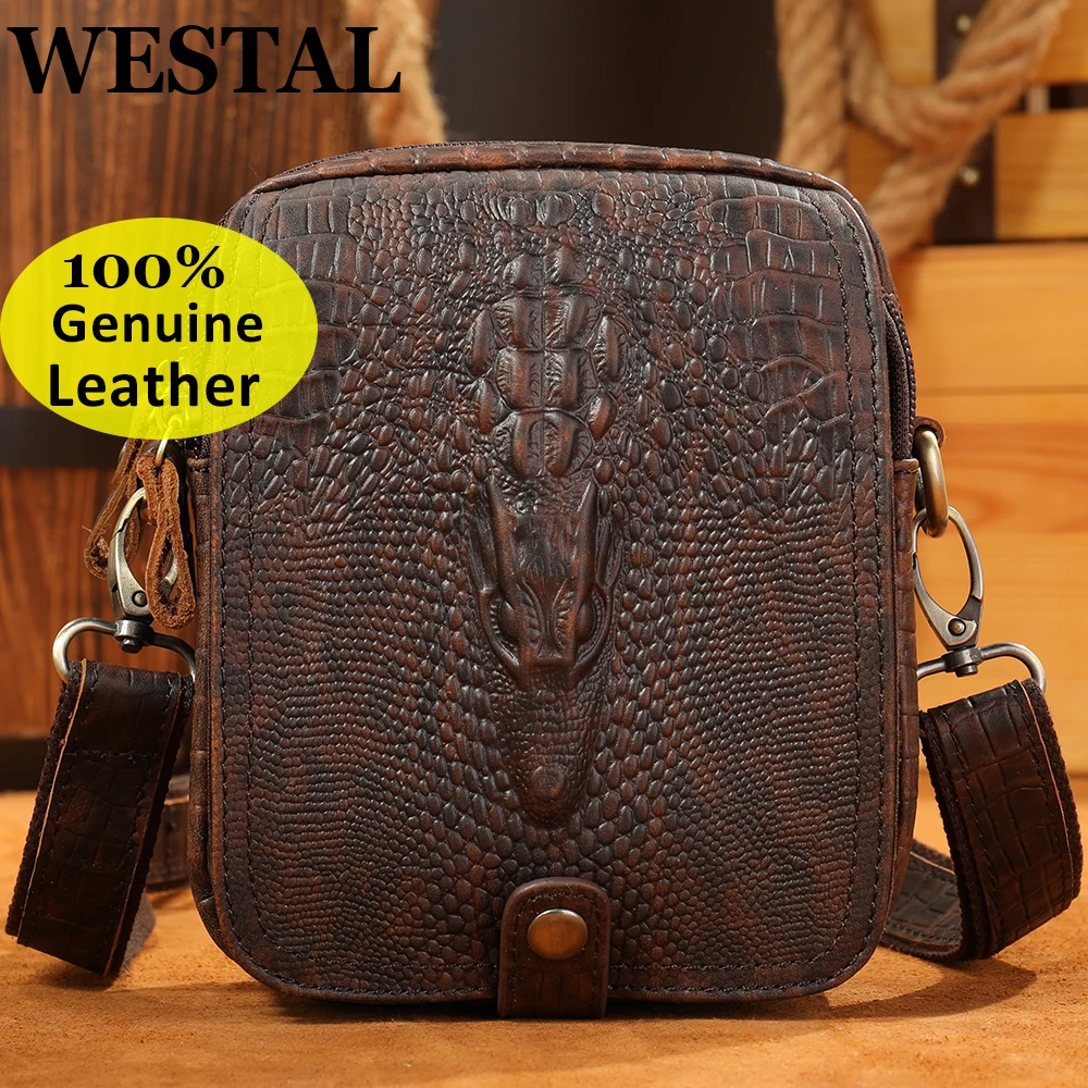 WESTAL Men\'s Leather Shoulder Bag Male Mini Croco Designer Leather Bag Man Purse Small Mens Crossbody Bags for Gift Phone 6030