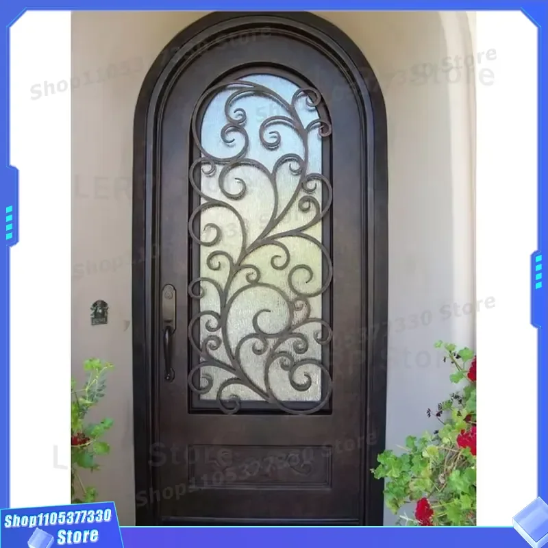 French Style Handmade Wrought Iron Single Door with Frosted Glass for Patio Entrance External Metal Security Privacy Design