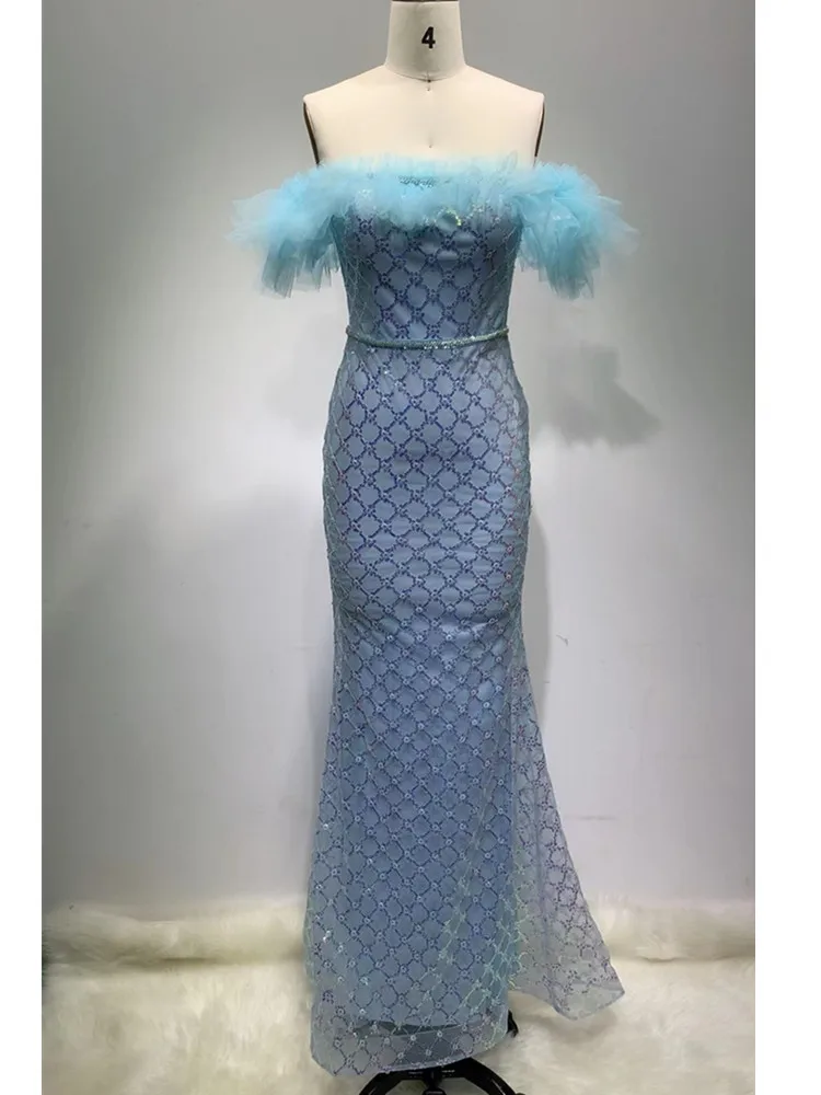 Women Celebrity Sexy Off Shoulder Sequins Sky Blue Mesh Ruffles Maxi Long Gowns Dress 2024 Elegant Evening Party Club Vestido