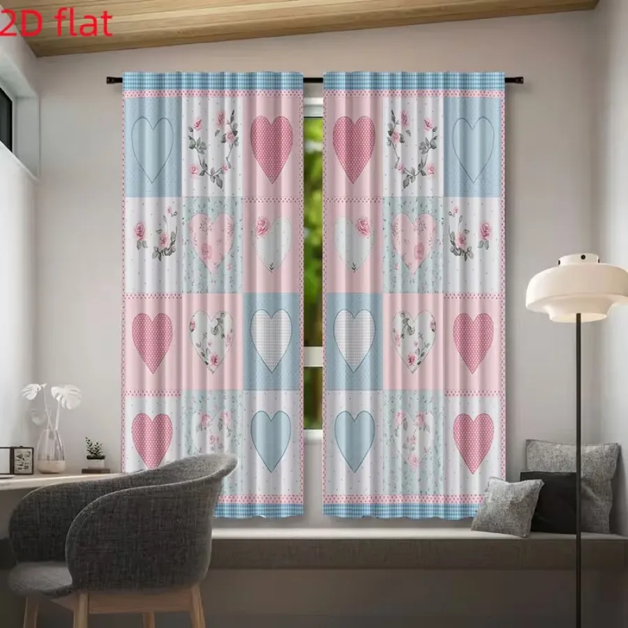 2 PCS Pink Blue Heart Curtains, Cute Soft Girl Style Window Drapes for Living Room Bedroom Home Decor Polyester Rod Pocket