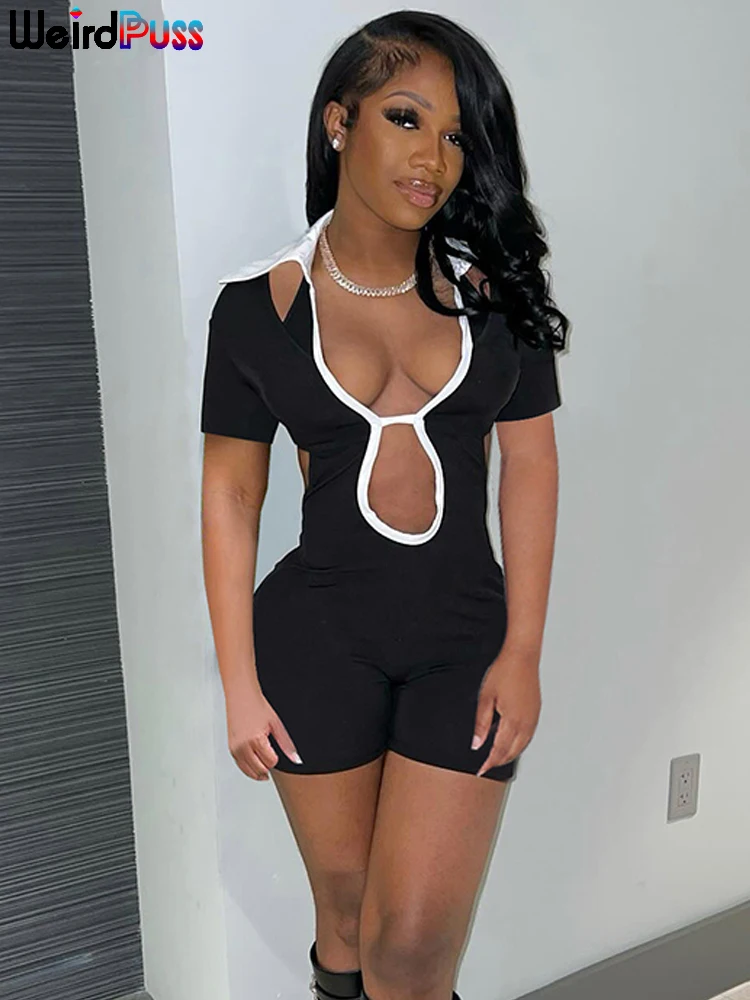 

Weird Puss Sexy Backless Romper Women Short Sleeve Polo-Neck Bandage Stretch Fitness Playsuit Skinny Streetwear Hipster Overalls
