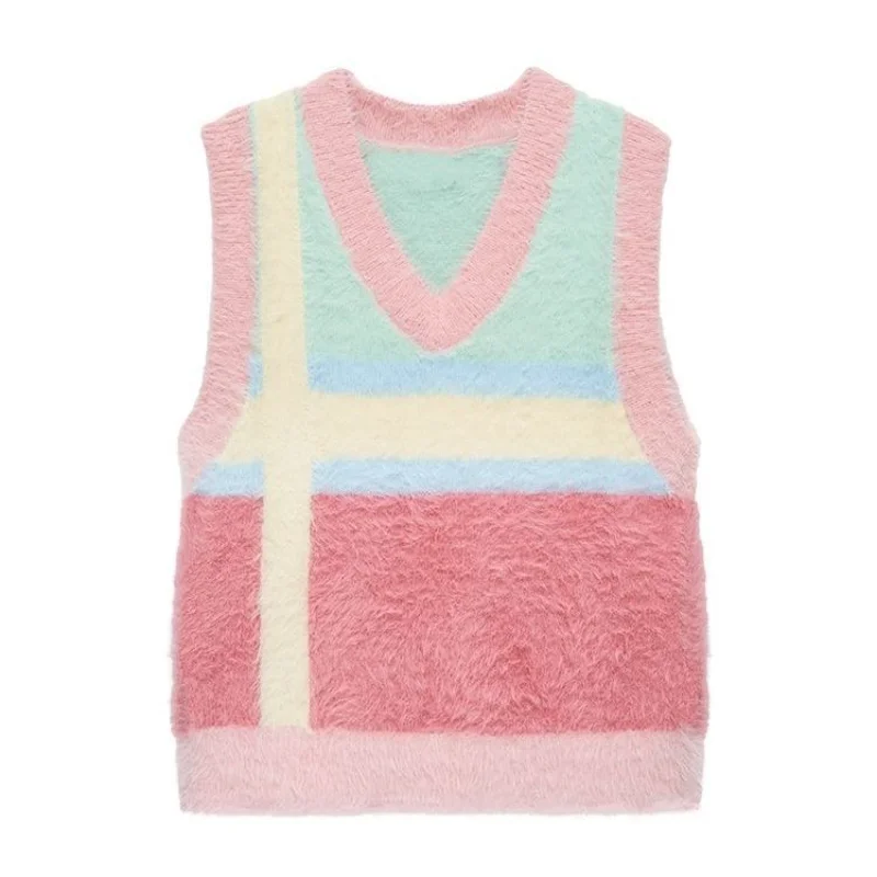 Y2k Aesthetic Iridescence Stripe Knitted Sweater Vest Streetwear Casual Grunge Tanks Harajuku Women Vintage Loose Waistcoat