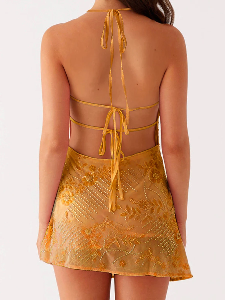 Women Mini Dress Sequins Beaded Embroidery Cowl Neck Cami Dress Summer Fashion Sleeveless Dress