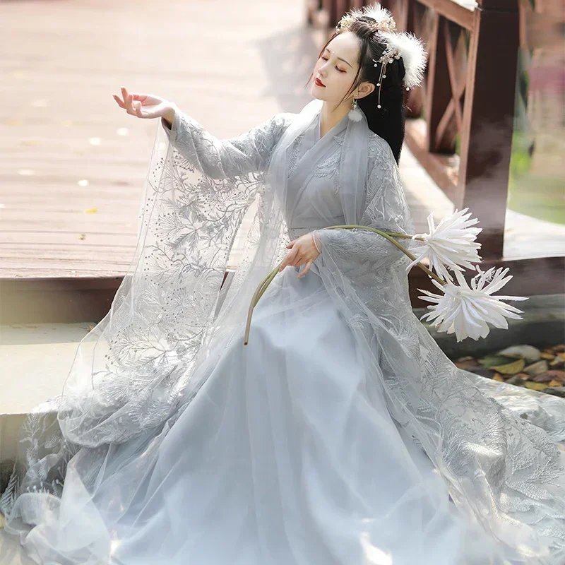 Chinese Style Dress National Dance Chorus Performance Cosplay Lace Embroidery Hanfu Female Fairy Breathable Costume