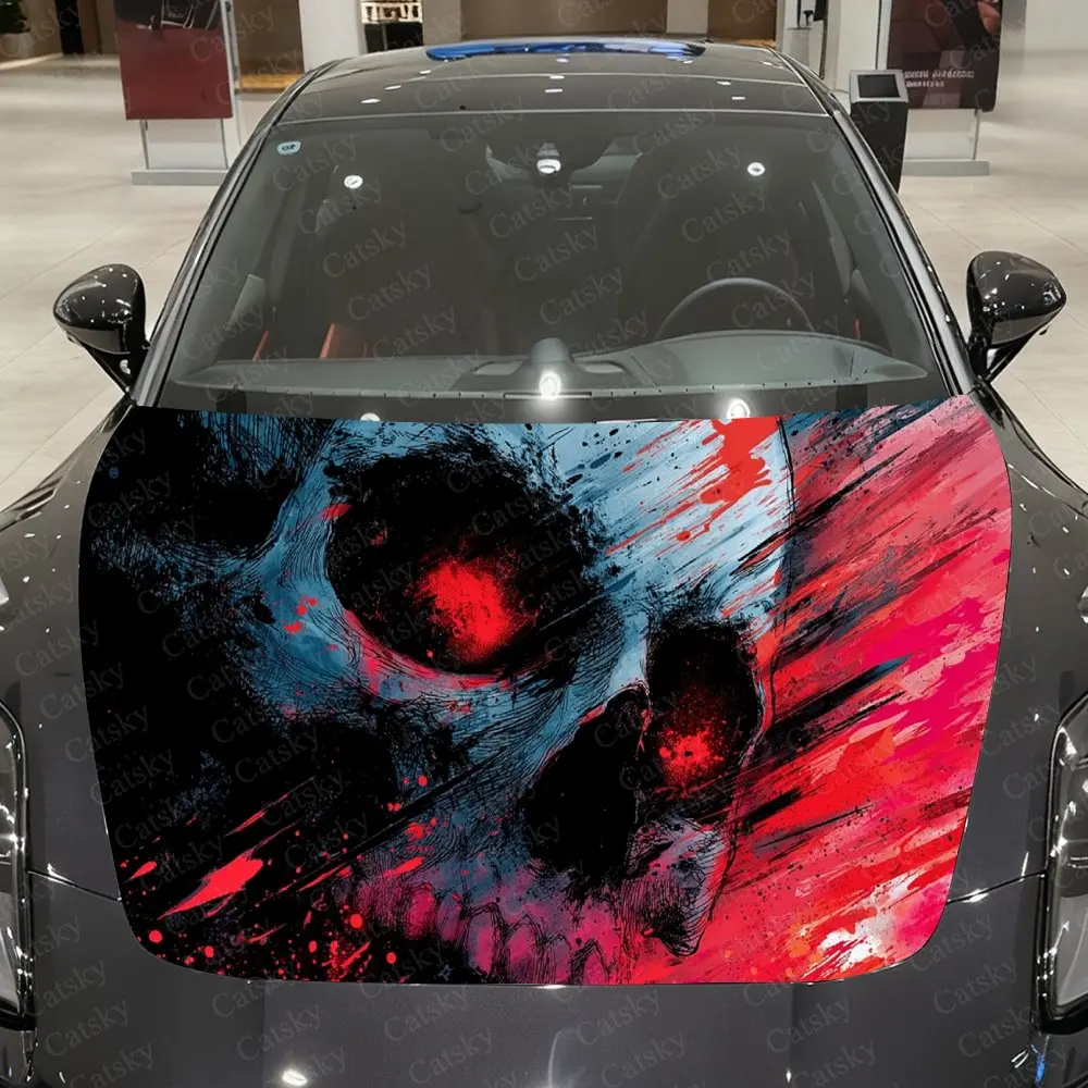 

Red-Blue Splash Blazing-Eyed Skull Car Vinyl Wrap, PVC Material Waterproof Car Hood Sticker, Self-Adhesive Scratch-Resistant Sti