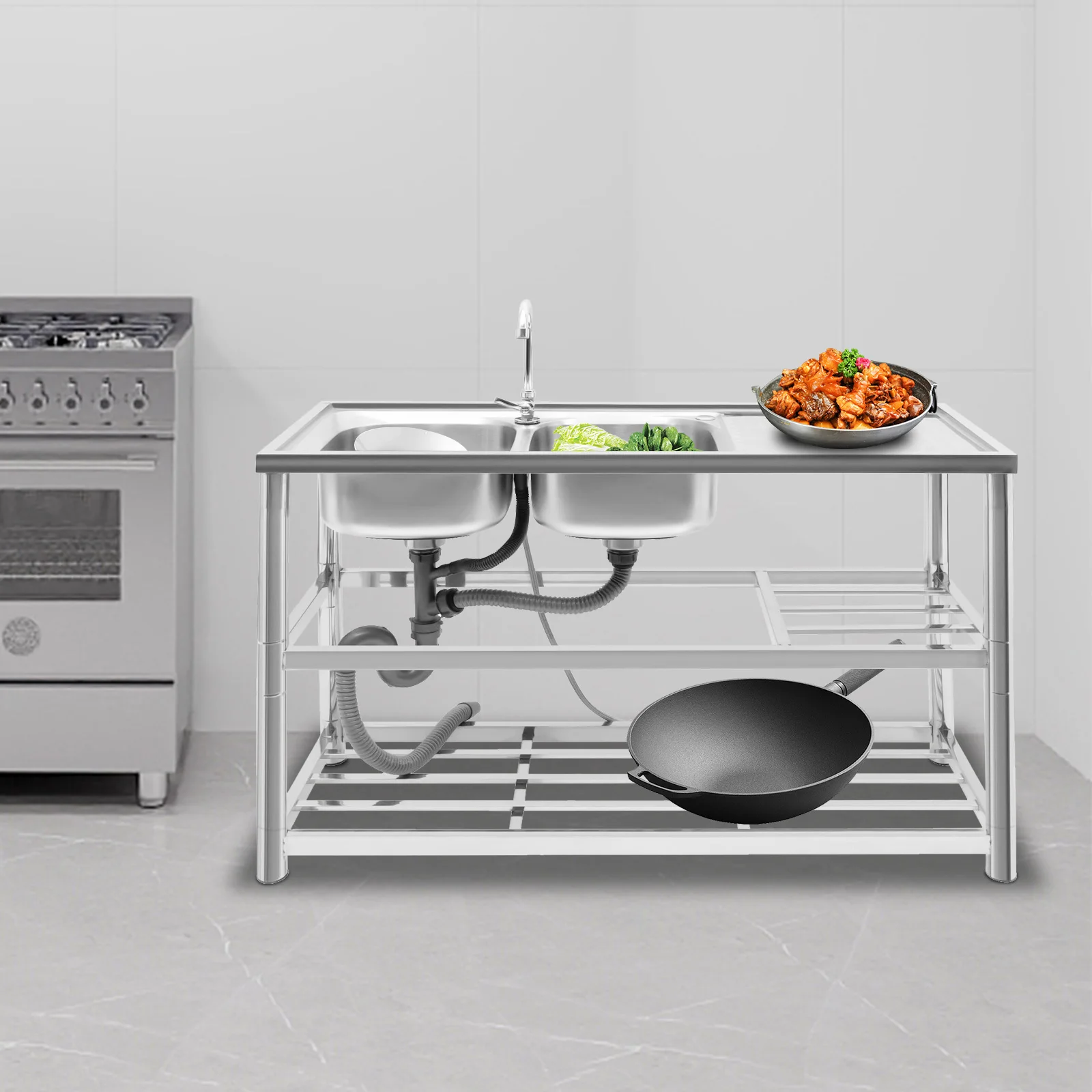 ชุดอ่างล้างจานสแตนเลสแบบตั้งพื้น 2 หลุม สำหรับร้านอาหารเชิงพาณิชย์ ขนาด 120x45x80 ซม. พร้อมก๊อกน้ำและที่คว่ำจาน