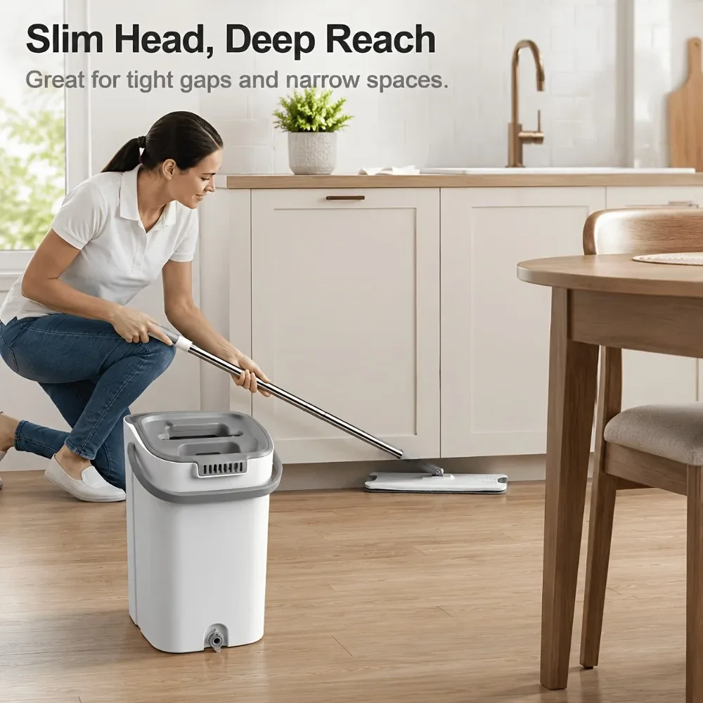 Flat Mop Bucket Set with 6 Washable Microfiber Pads Self Cleaning No Hand Wringing Wet Dry Use for Home Kitchen Bathroom Bedroom