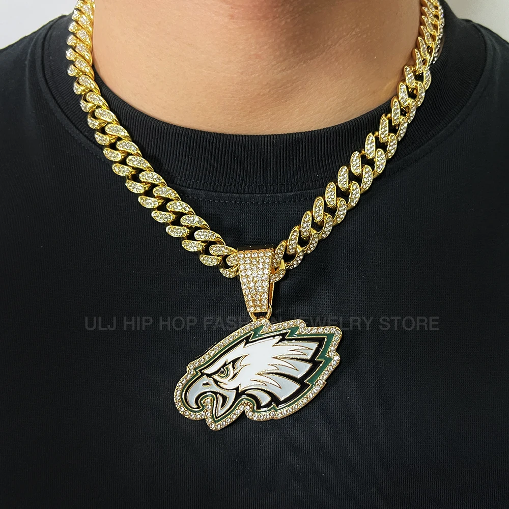 ULJ Hip Hop White Eagles Charm Football Chain Necklace With Cuban Miami Iced out Bling Fashion Jewelry