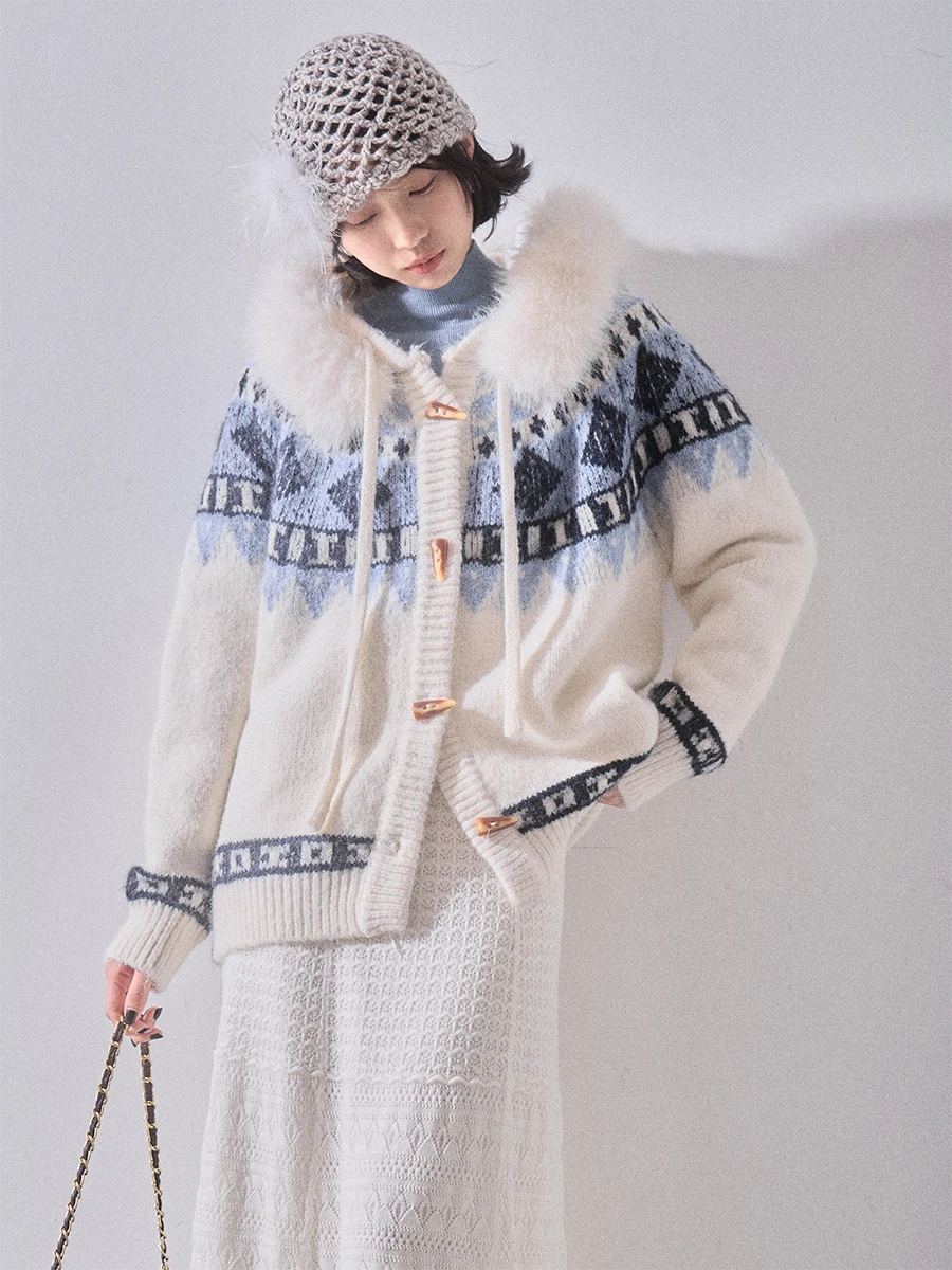 

Liparpa Fairy T Town Thiened White Fur Hooded Knitted Cardigan Sweater Fair Isle Button Vintage Sle Women's Coat