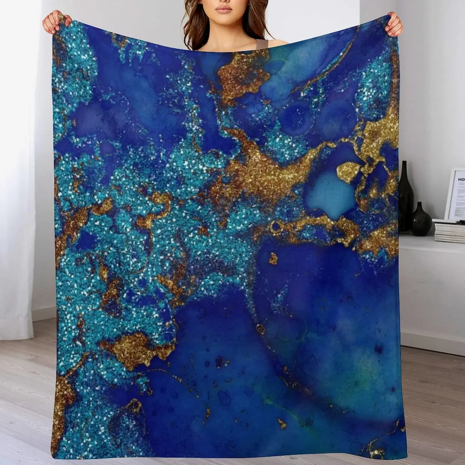 

Gold Indigo Blue Faux Malachite Marble Throw Blanket Ultra Soft Flannel Fleece Blanket for All Seasons
