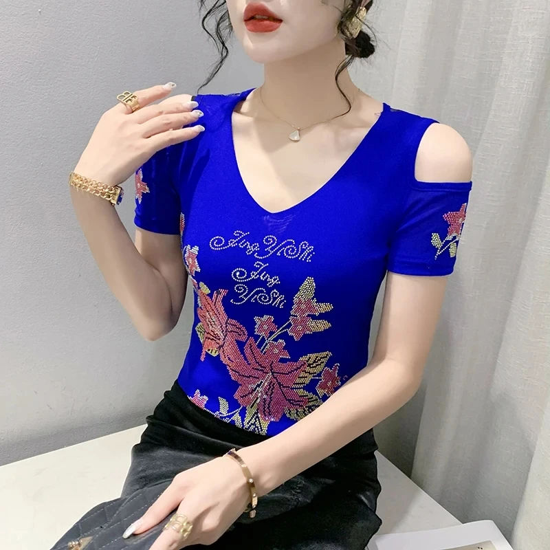 

European Clothes Sexy Off Shoulder T shirts Summer Ladies Glitter Hot Diamond Slim Mesh Tops Women's Short Sleeve Tees