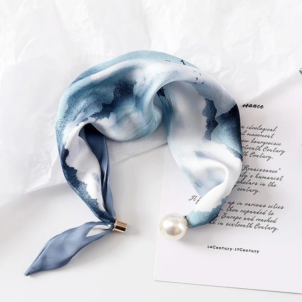 Fashion Pearl Buckle Silk Scarf Printed Thin Neck Scarf Soft Lightweight Neckerchief Women