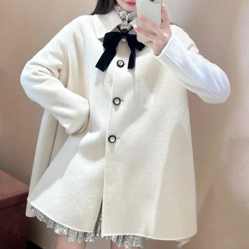 Woolen Laple Bow Women 2024 Outerwears  Japan New Abrigos Invierno Warm Thick Jacket Sweet Moda Chaquetas Mujer Loose Jackets