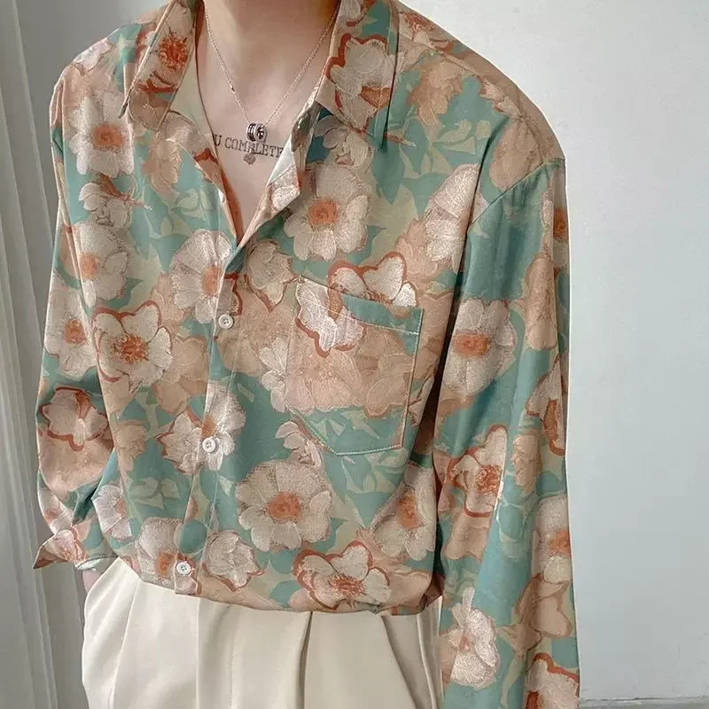 Fashion Streetwear Korean Printing Loose Turn-down Collar Man Long Sleeve Men's Clothing Button Spring Summer Thin Shirts Tops