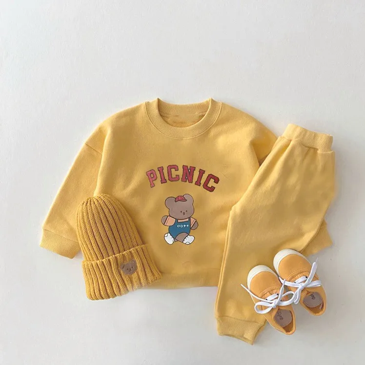 Cute Bear Printing Sweatshirts Suits Simple Casual Trendy Hoodies Sets Kid Loose Long-sleeved Tracksuits Children Autumn Clothes