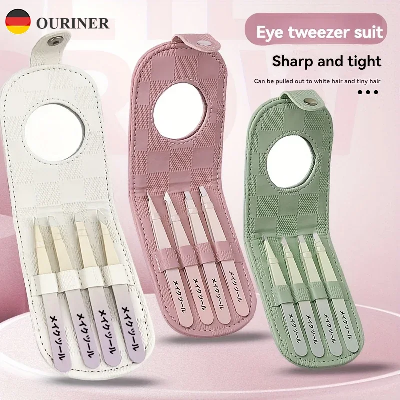 مجموعة ملاقط متدرجة الألوان من الفولاذ المقاوم للصدأ مكونة من 4 قطع - إزالة شعر الحاجب واللحية والشارب المنحنية بدقة - قبضة مريحة، و #2