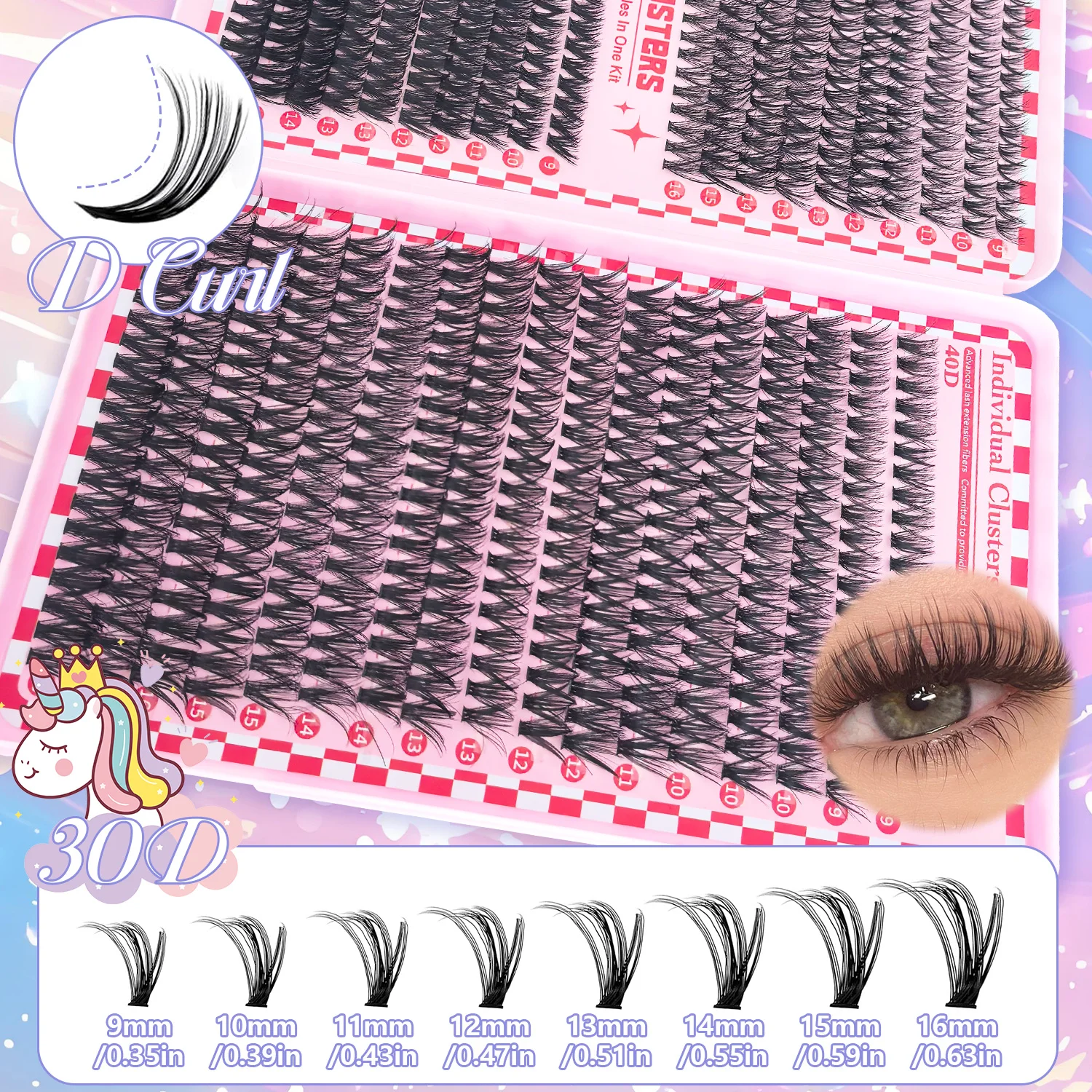 1724 pcs Lash Clusters Kit D Curl 8 Styles Lashes Clusters Kit with Bond&Seal Applicator set and Lash Tape DIY Eyelash Extension