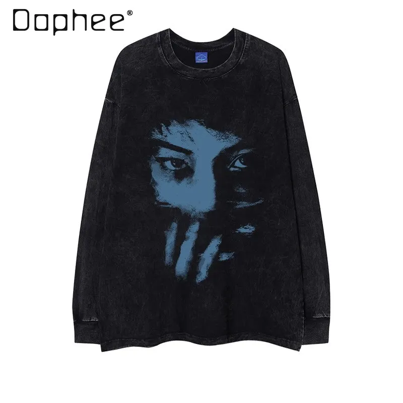

Весенне-осенняя мужская футболка с длинным рукавом в европейском и американском стиле, с принтом лица, винтажная, с эффектом потертости, круглый вырез горловины.