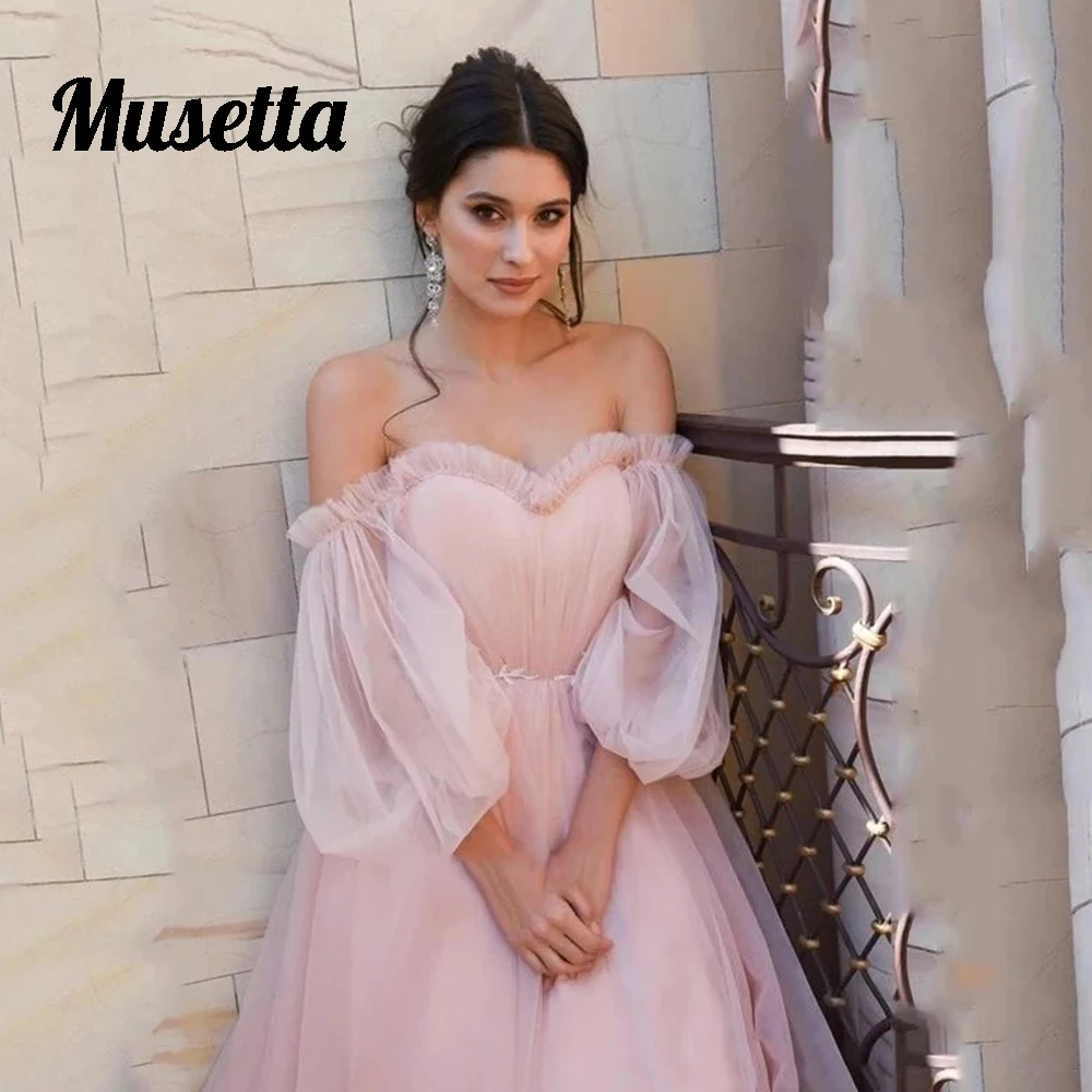 Musetta Pink Prom Formal Dresses 2025 Puffy Sleeves Off The Shoulder Pleated Tulle  Evening Gowns A-Line Open Back Customized