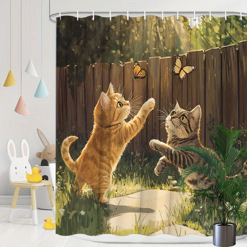 Playful Cats and Butterflies Shower Curtain - Water-Resistant, Easy to Clean, Adds a Fun and Whimsical Touch to Your Bathroom