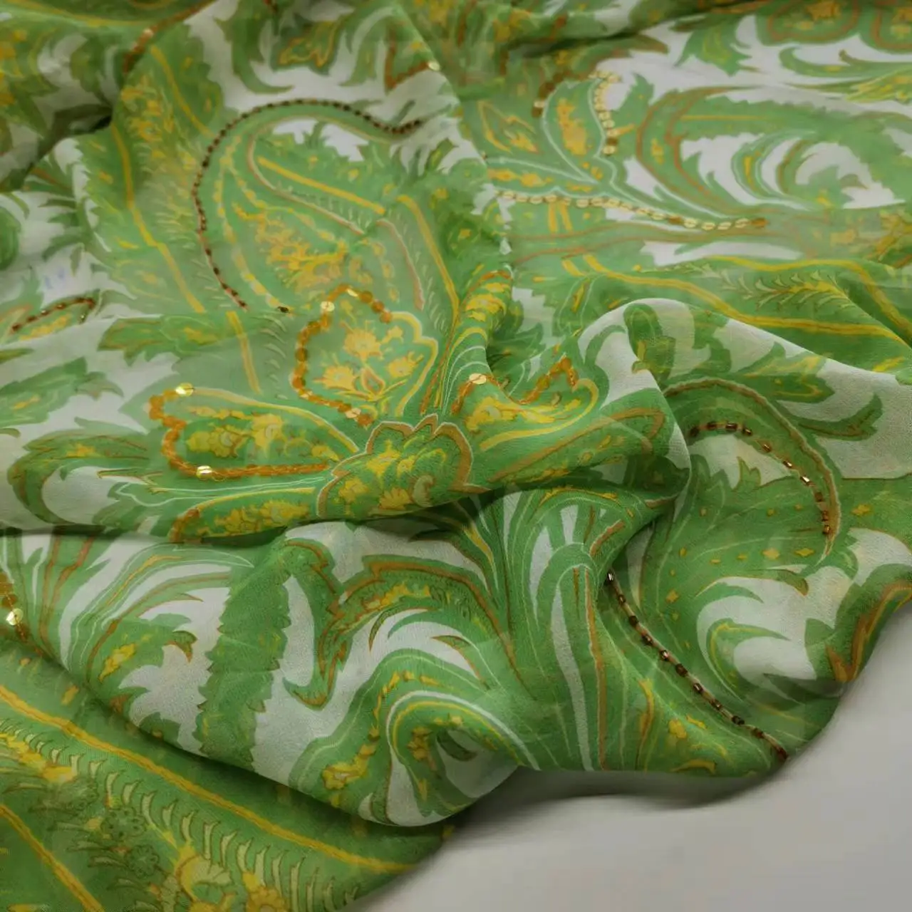 

Sequin Silk Georgette Fabric Paisley Print Embroidery DIY Cloth Dress Scarf Material