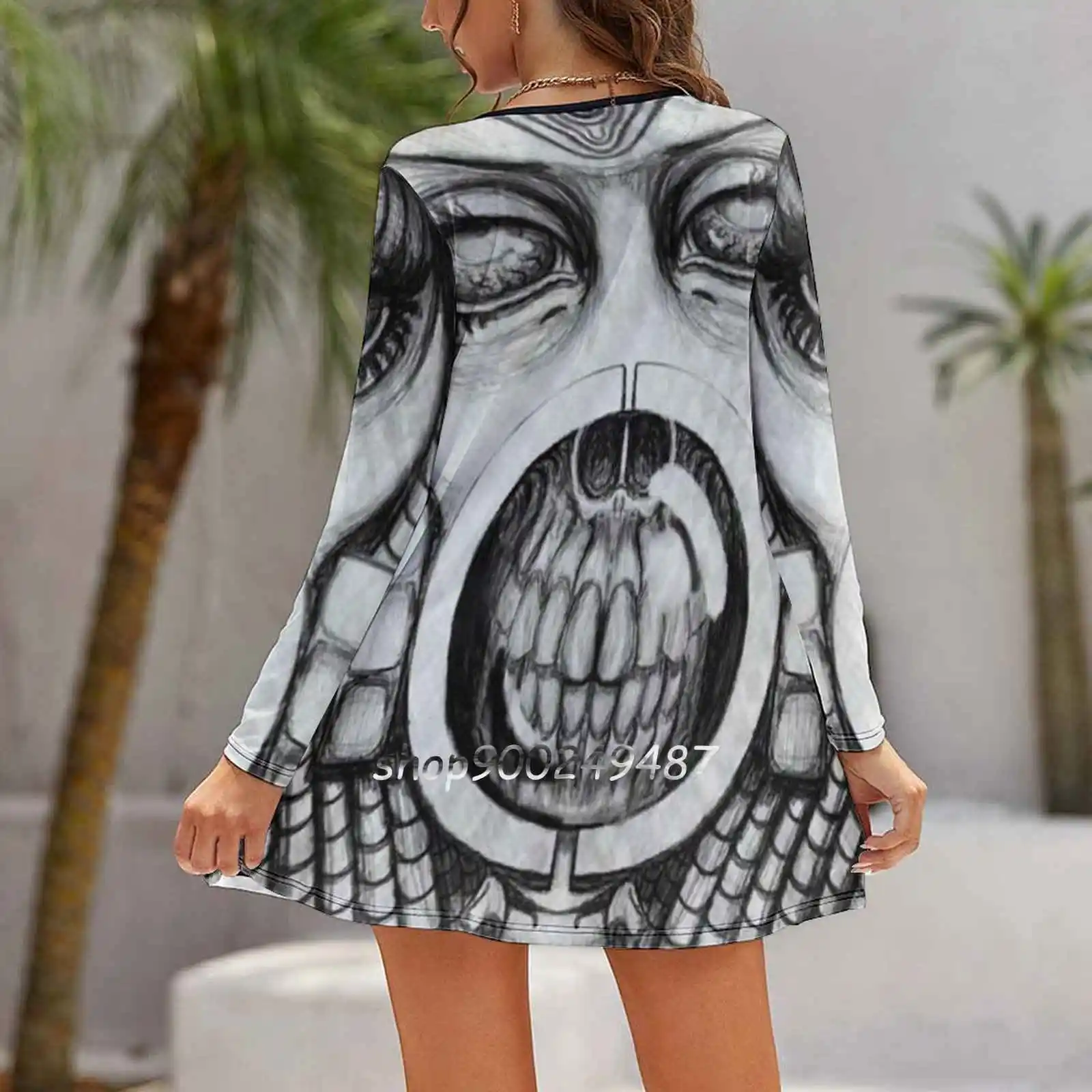 Giger Inspired Diva Elegant Party Women Dress Slim V Neck Long Sleeve Dress Casual Dresses Giger Skull Necronomicon Horror Bio