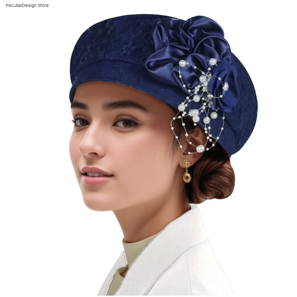 Vintage Soft Breathable Lace Beret Hat Stretch Fit Pearl Tassel Floral Decor Hat Polyester Comfortable Tea Party Cap Wedding