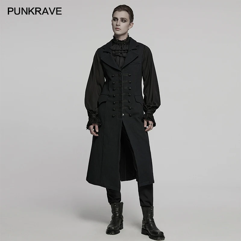 PUNK RAVE Men's Dark Night Vampire Three-dimensional Cotton Linen Vest Creative Bat Collar Gentleman's Long Waistcoat Men Jacket