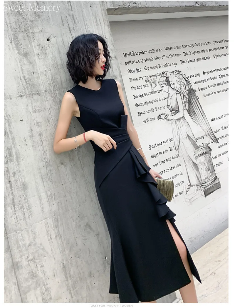 Robe de cocktail noire en forme de queue de poisson pour femmes, tenue de bureau, col rond, en fibre fine, pour événements d'anniversaire, robes de soirée, tenue décontractée, A126