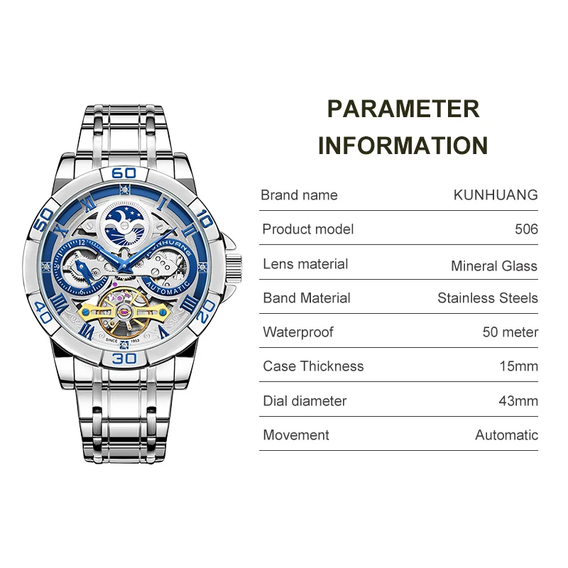 KunHuang Original Men's Automatic Mechanical Moon Phase Watch Stainless Steel Skeleton Waterproof Fashion Wristwatch For Man
