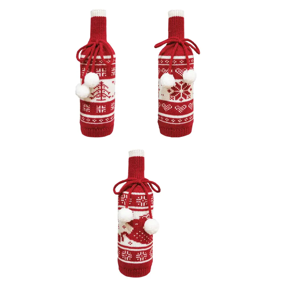 

3pcs Christmas Bottle Cover Knitted for Party Supplies Red Set Festive Atmosphere Gift