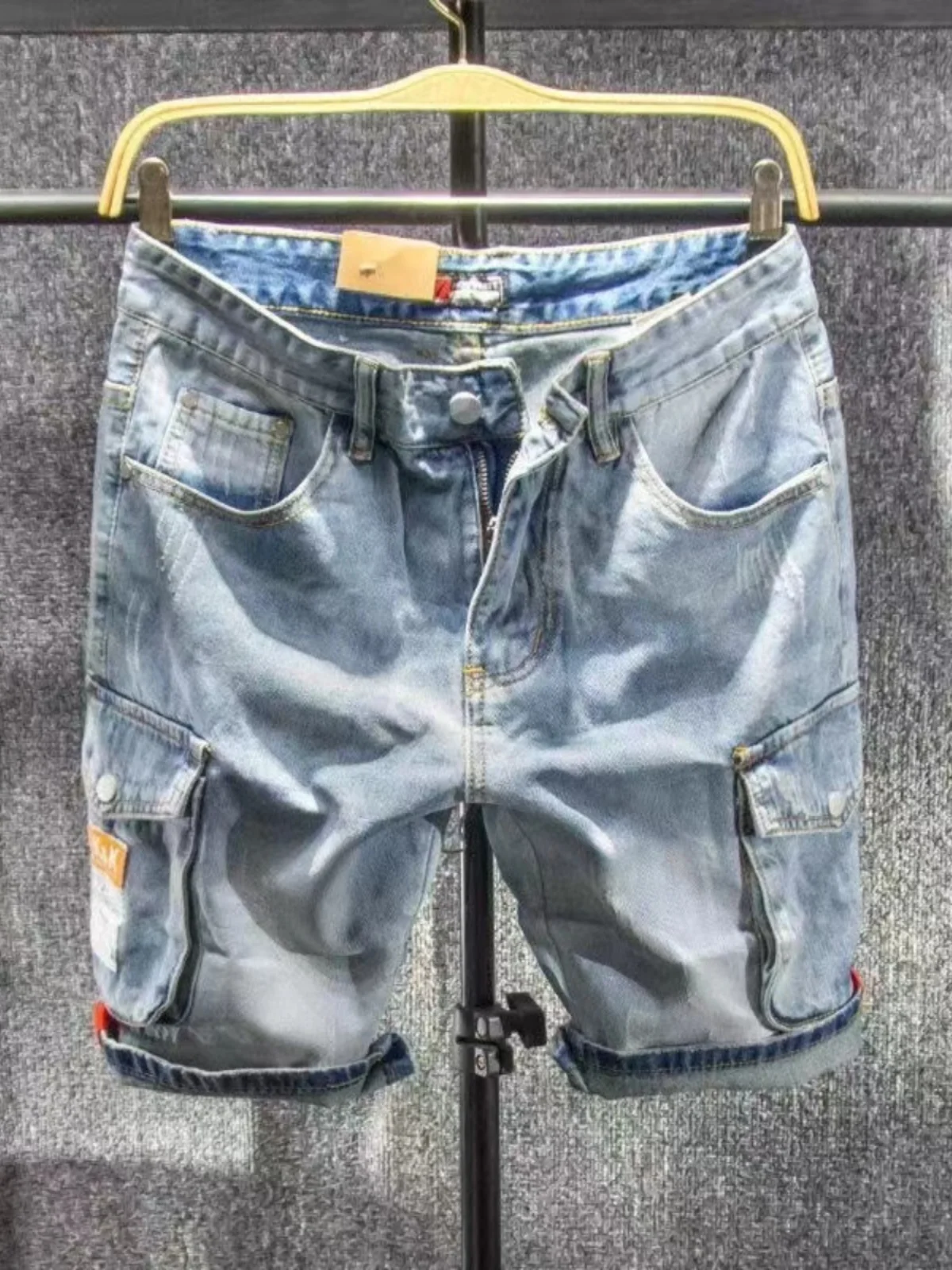 

Japanese Style Light Colored Large Pocket Workwear Denim Shorts Men's Trendy Loose Straight Five-Quarter Summer Thin Jeans