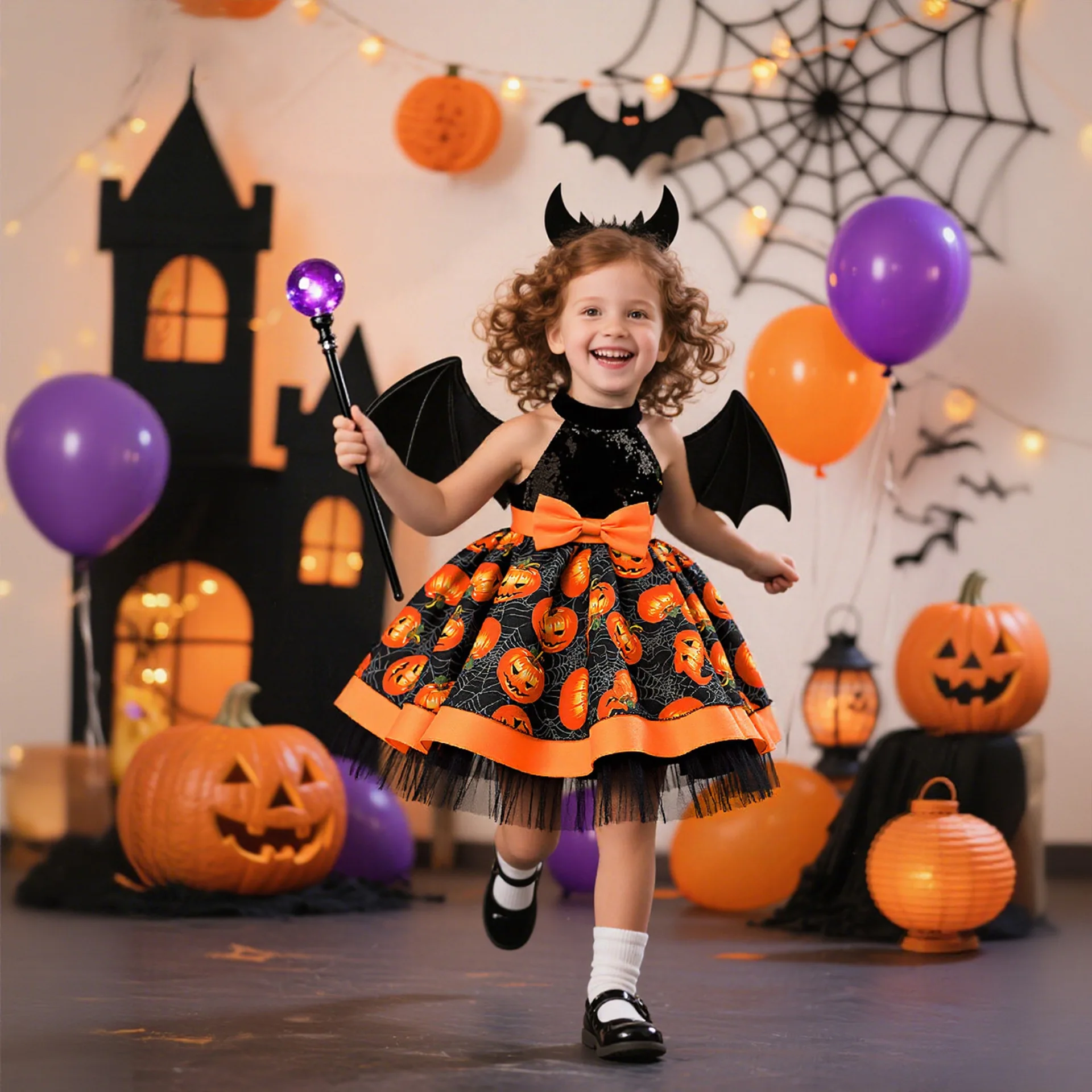 Kids Baby Dresses Spider Web Pumpkin Print Tutu Dress For Children Witch Cosplay Halloween Costume Toddler Girls Party Dresses