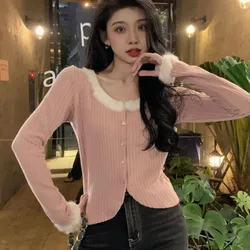 Korean Slim Patchwork Sweater Women Autumn Square Collar Long Sleeve Knitwear Tops Fashion All-match Knitting Cardigan coat