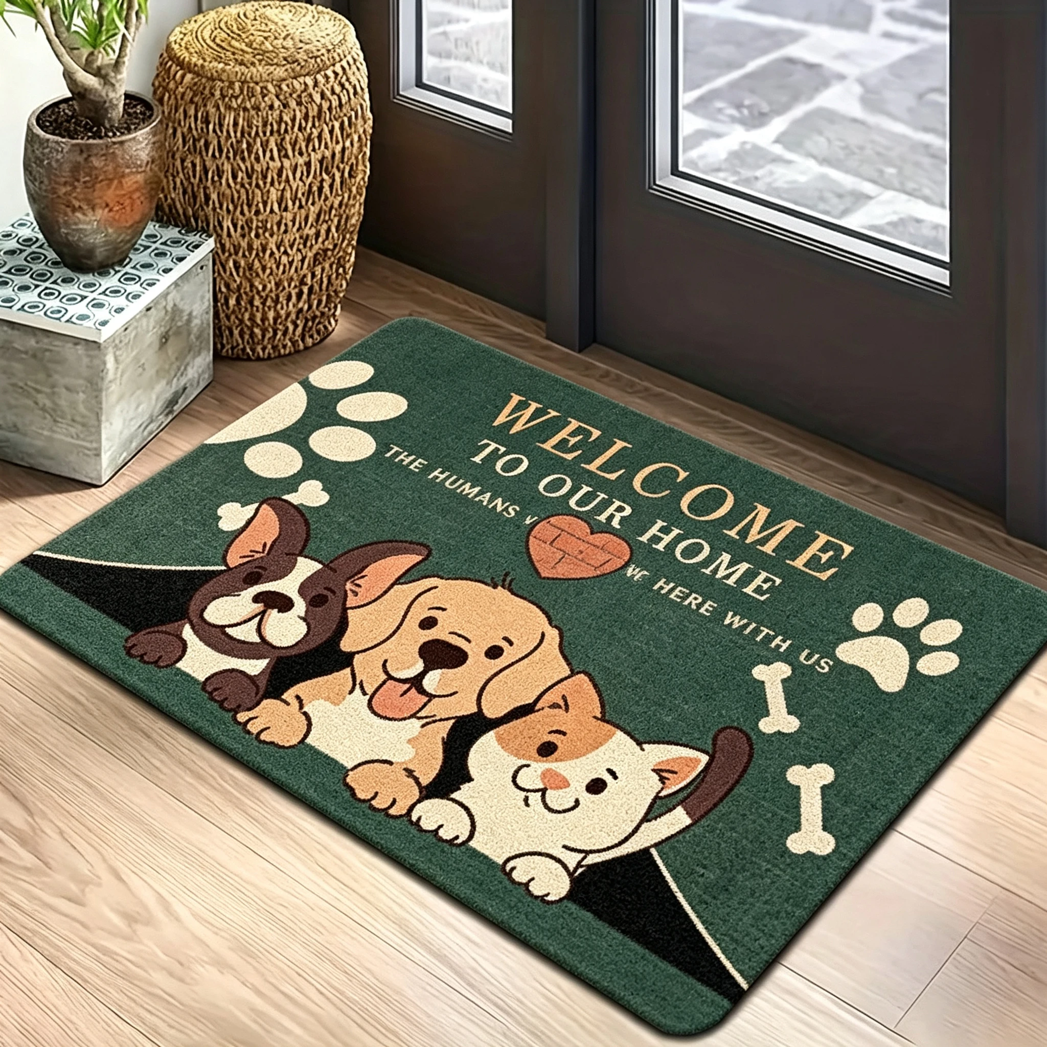 Cartoon Pet Animal Welcome Doormat Front Door Floor Mat Home Decor Lovely Cat and Dog Graphic with Paw Bone Print Stylish Indoor