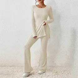 Spring New Women Knit Two Piece Sets Solid Color Sexy Slit Casual Slim Suit Long Sleeve O-neck Tops+Pants Set Fashion Streetwear