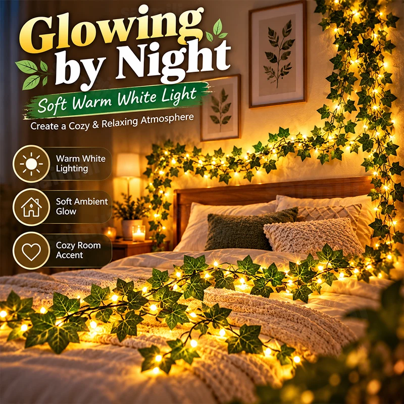 Portable Battery Ivy Vine LED String Lights Compact Warm White Leaf Garland For  Patio Garden Fence Outdoor Yard Decor Lighting