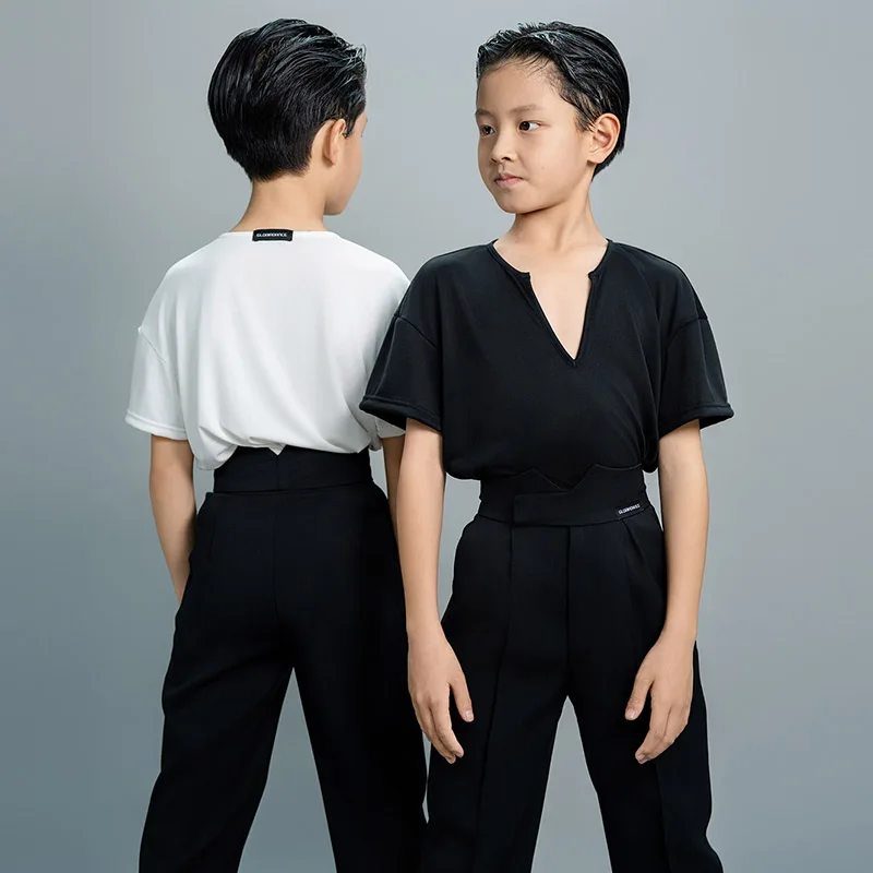 Latin Dancewear Top Boys Black Loose Short Sleeve Tops Pants Set Rumba Cha Cha Performance Wear White Training Clothes VDL3606