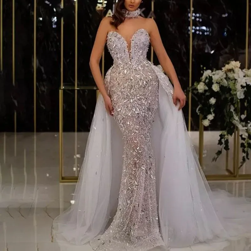 New sequined fishtail collar sleeveless long dress for elegant banquets
