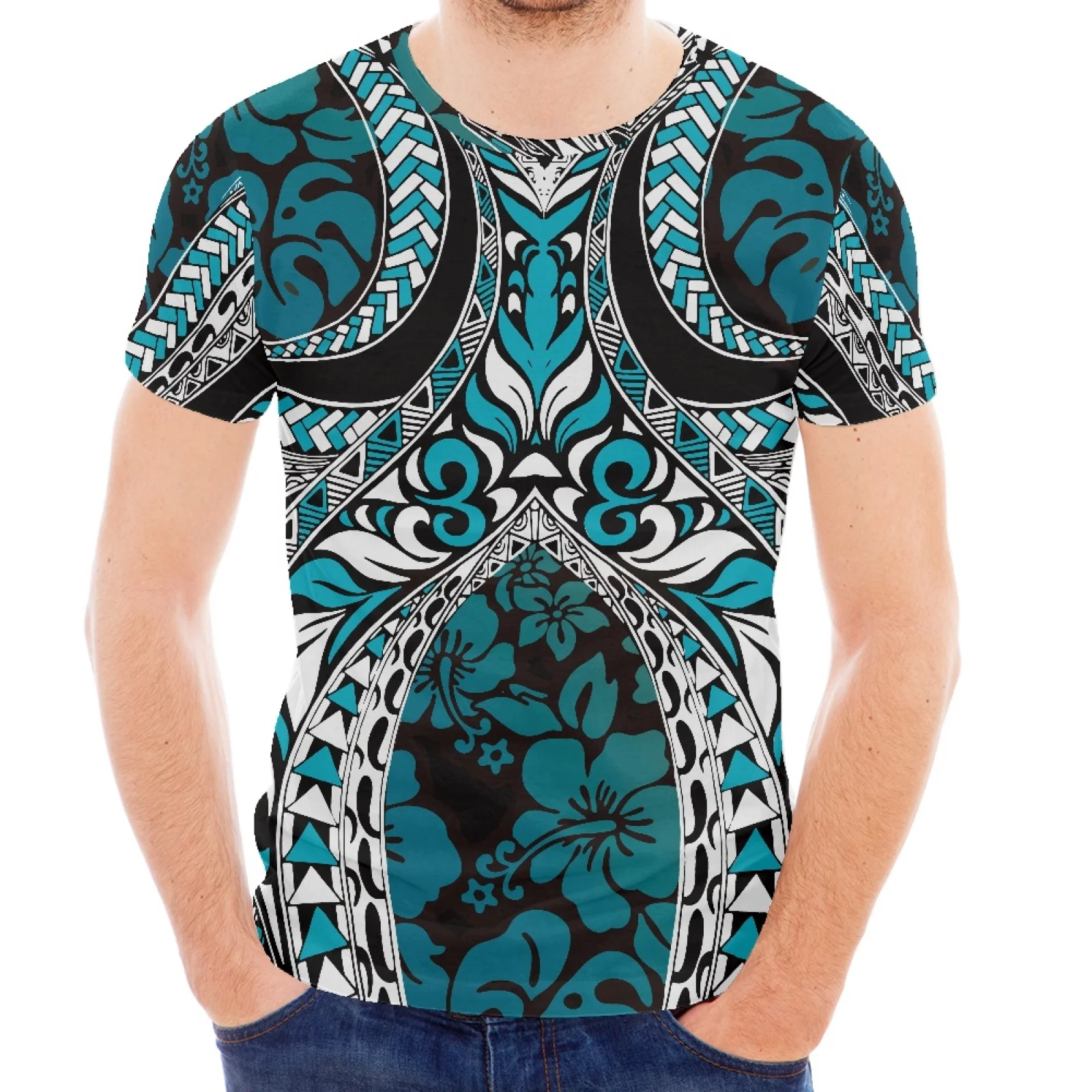 

Polynesian Traditional Tattoo Designs Printed In The Style Of Men's Crew Collar Short-Sleeved Hawaiian Summer Sports Shirts